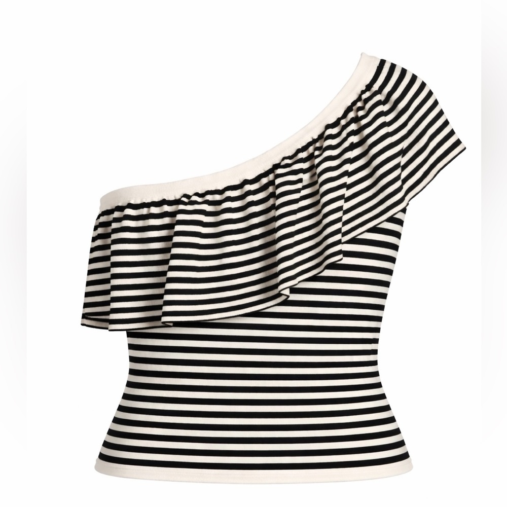 LOFT Black and White Striped One-Shoulder Blouse